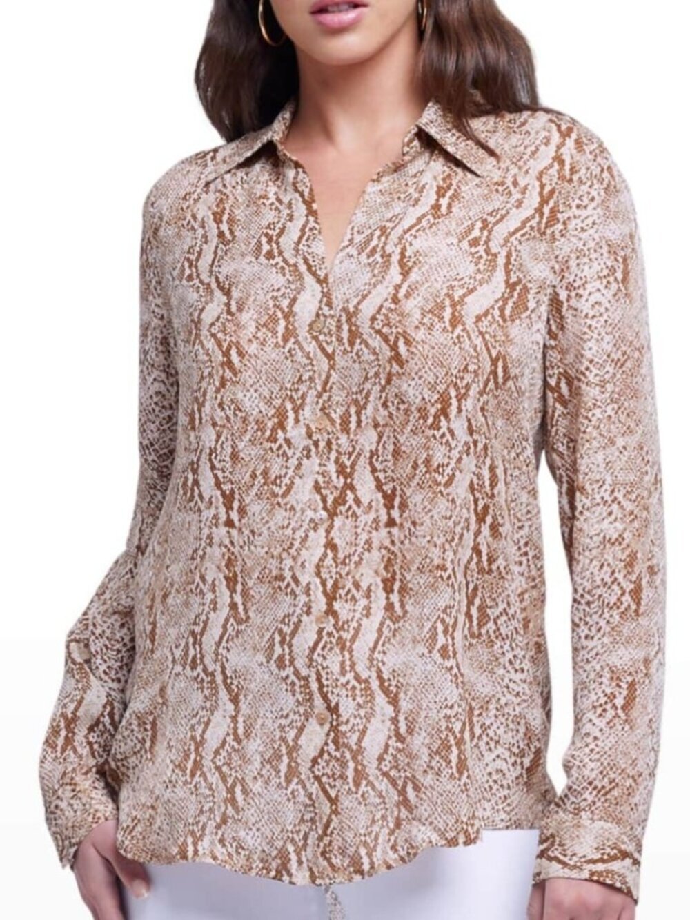 L’agence Nina Snake Printed Button-Front Blouse Brown/Tan 100% silk size medium